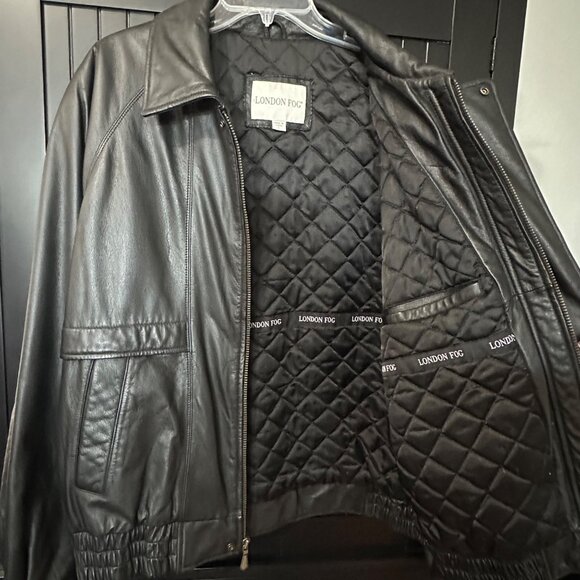 London Fog Genuine Leather Jacket Mens Size L Zip Front Bomber Coat Black - Picture 5 of 10